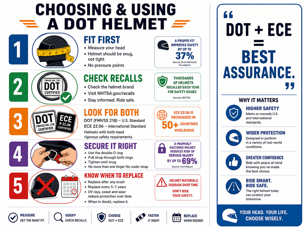 Infographic on five key steps for selecting and properly using a DOT certified motorcycle helmet.