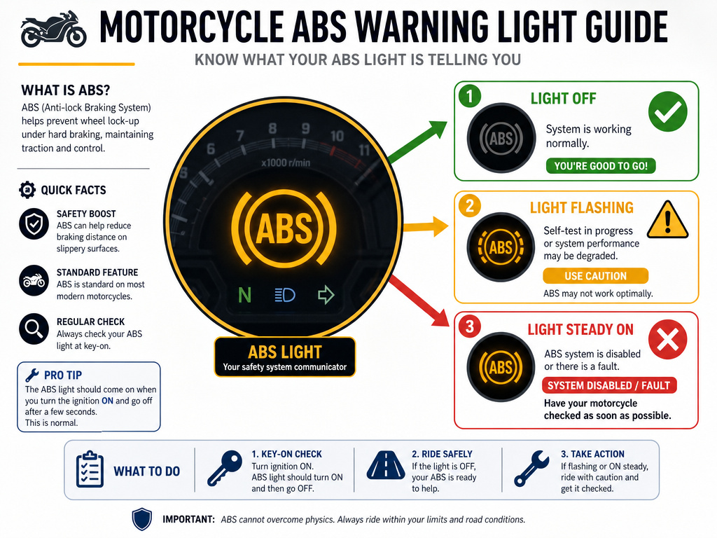Motorcycle ABS warning light meanings explained in an infographic.