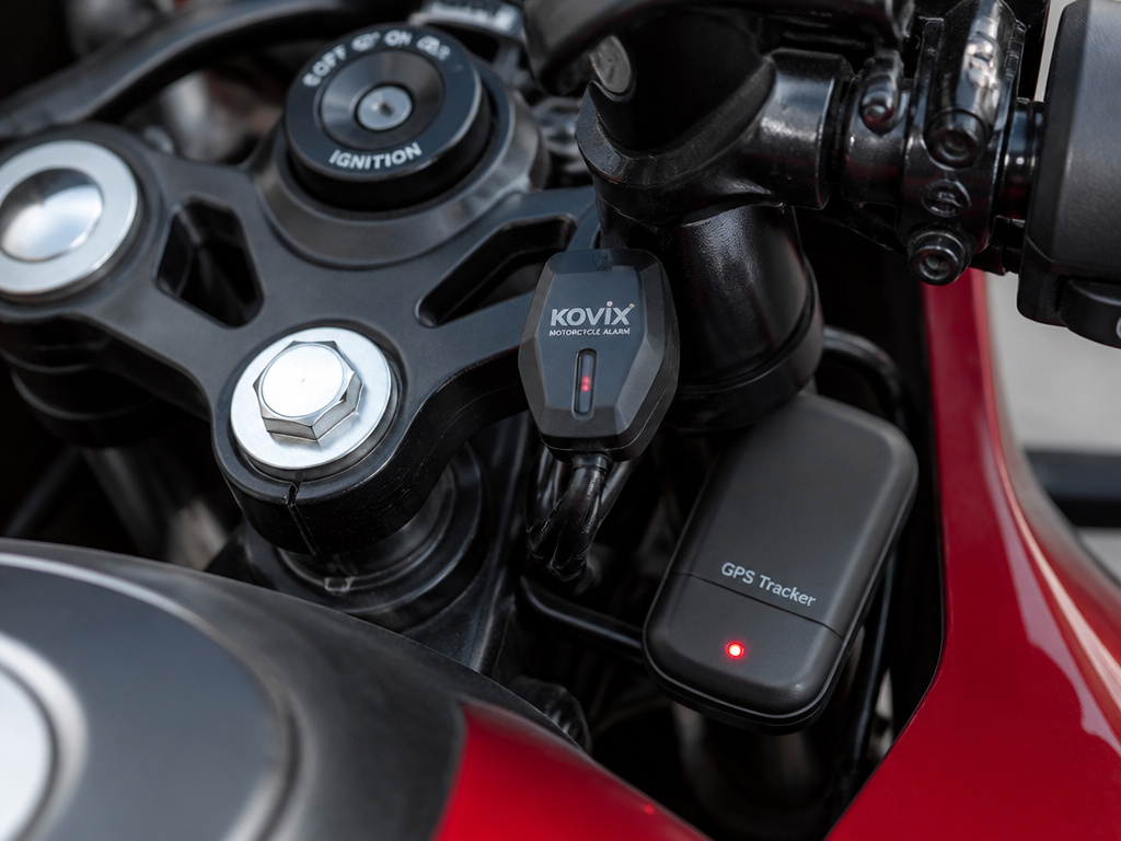 Motorcycle anti-theft alarm and GPS tracker installed on handlebars.