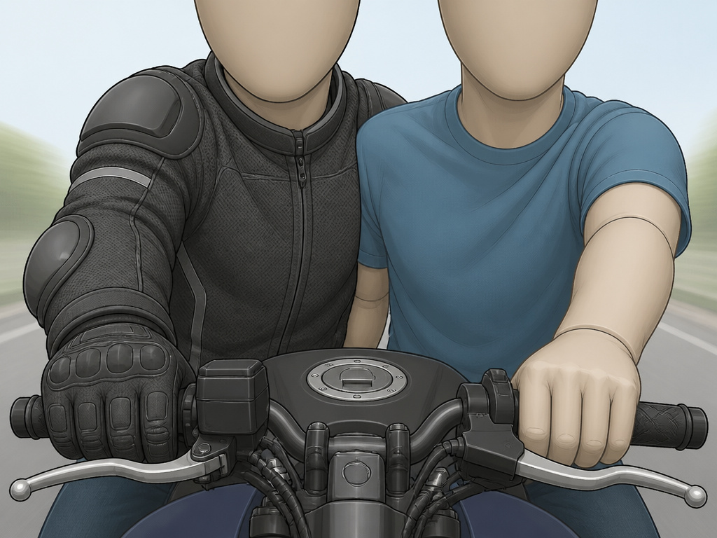 ATGATT rider's armored jacket versus squid rider's bare arm on motorcycle