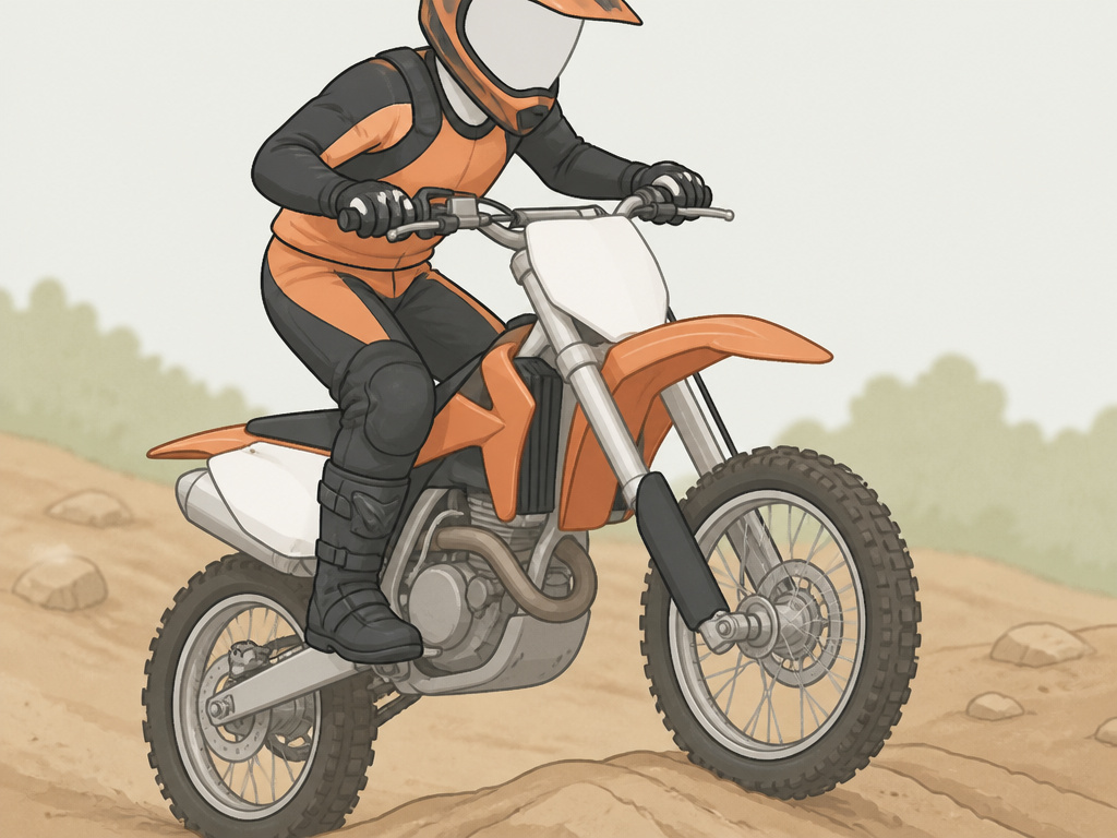 Beginner dirt bike rider demonstrating proper standing stance over rough terrain.