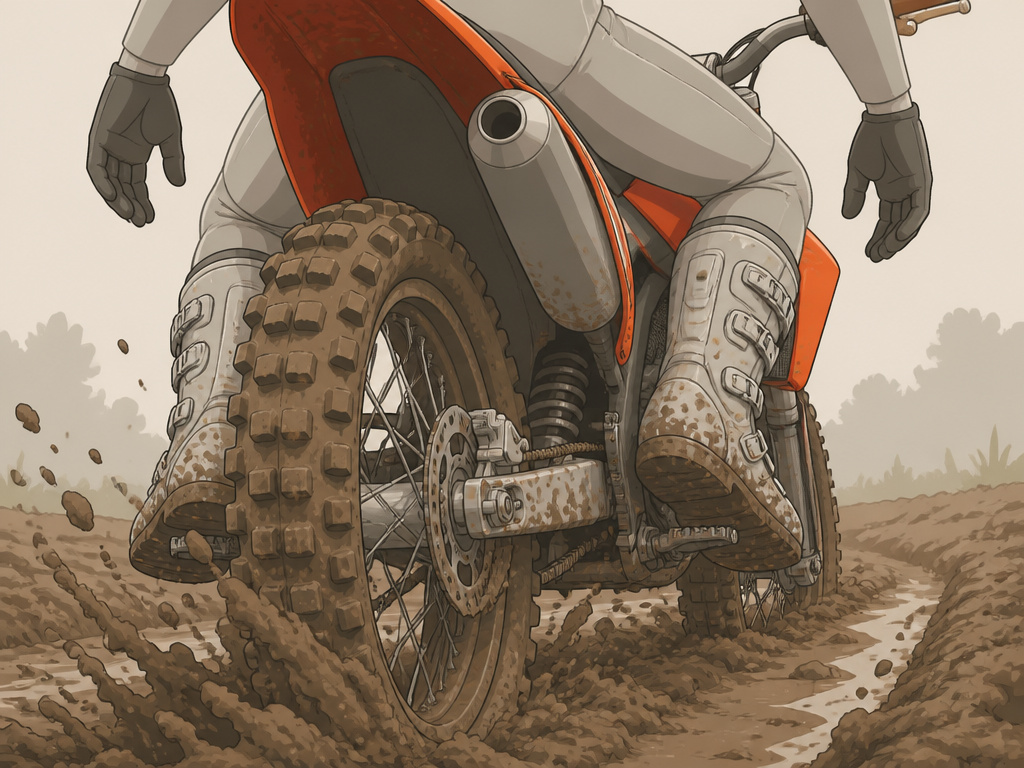 Rider standing on pegs, loose grip on bars while motorcycle navigates muddy terrain.
