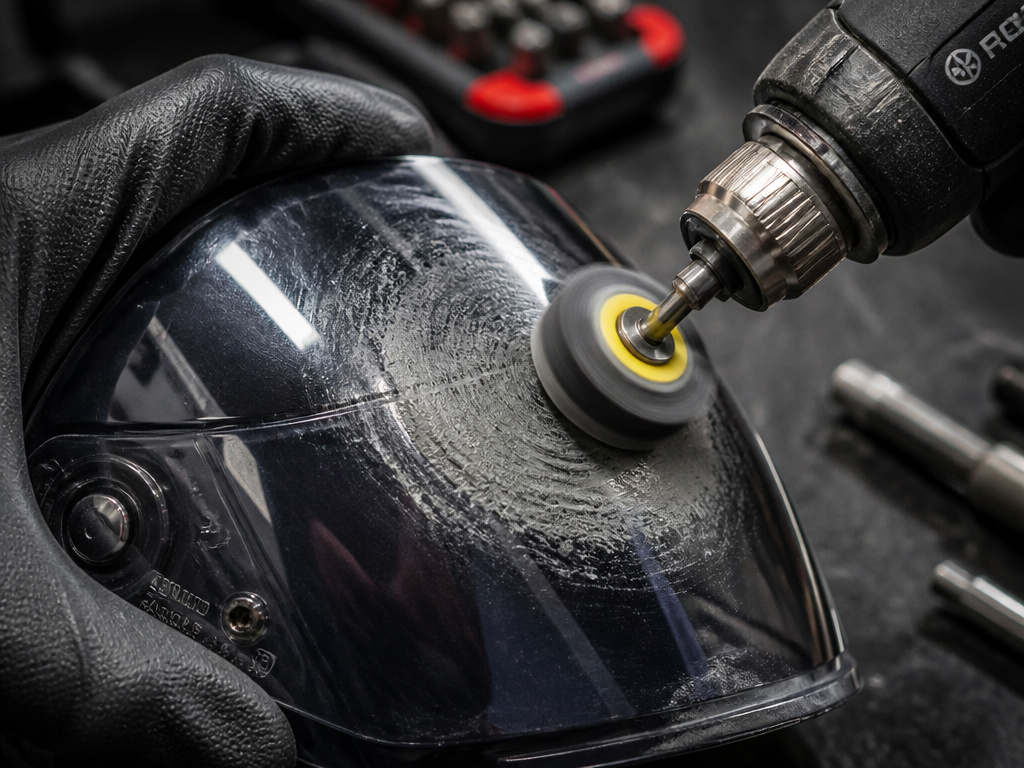 Power tool damaging a motorcycle visor by removing its protective coatings.
