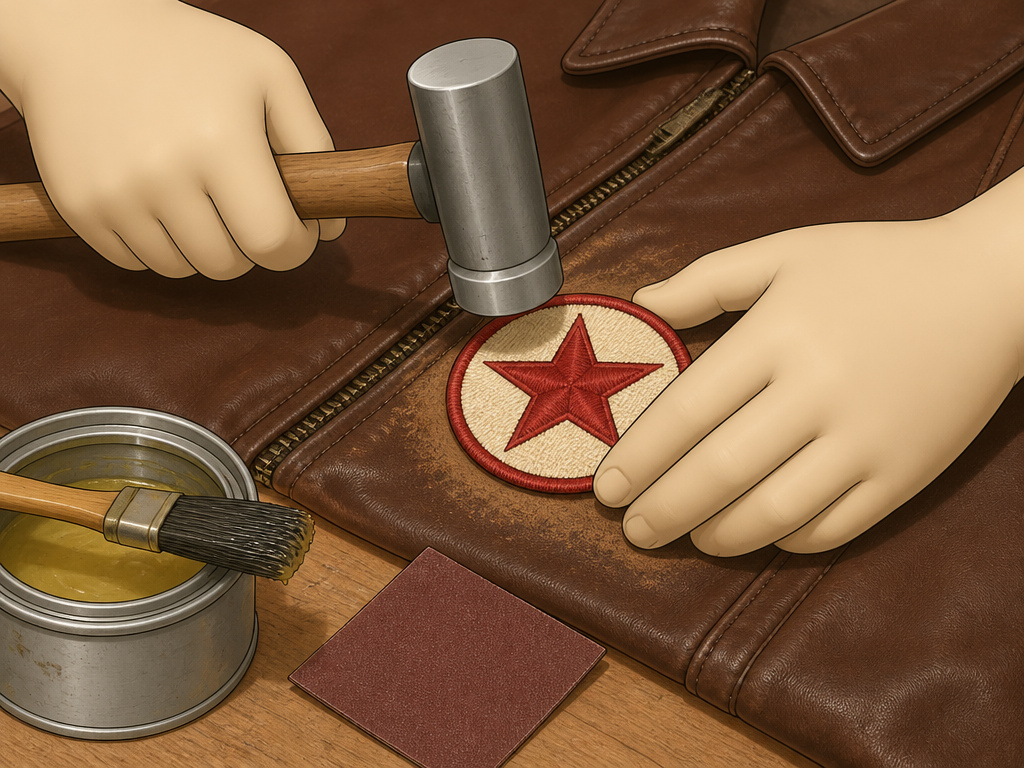 Hammering a glued patch onto a leather jacket with contact cement