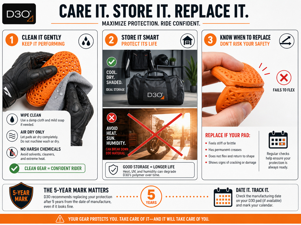 Infographic on D3O armor care, storage tips, and replacement signs.