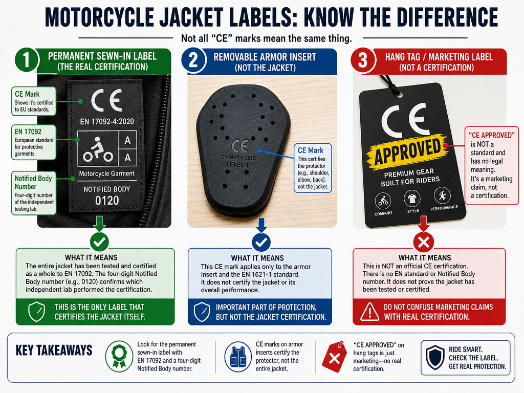 Infographic comparing legally CE marked motorcycle jackets versus misleading armor and marketing tags.