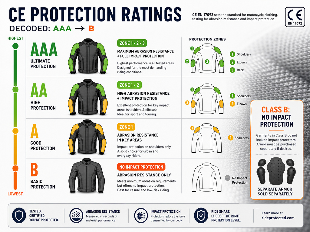Infographic explaining motorcycle gear CE abrasion ratings AAA, AA, A, and B.