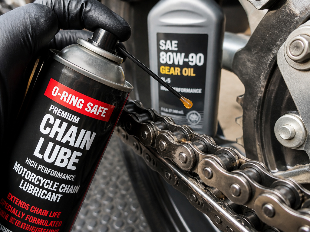Close-up of applying O-ring safe chain lube to a motorcycle chain.