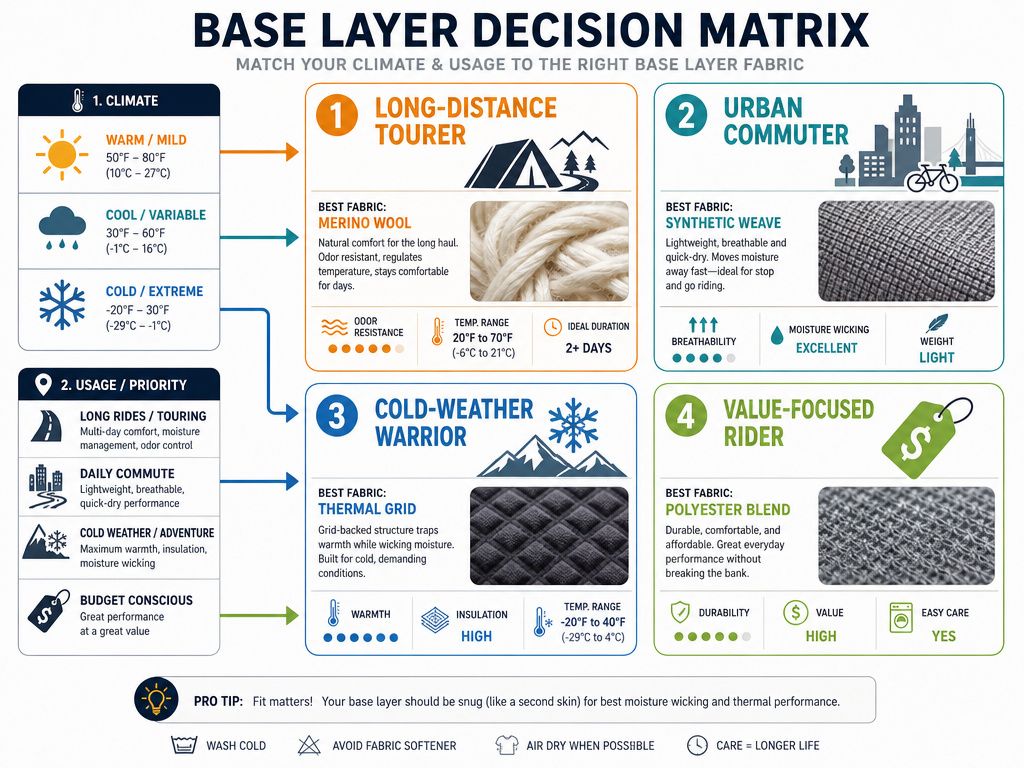 Motorcycle base layer decision matrix for touring, commuting, winter, and budget riding.