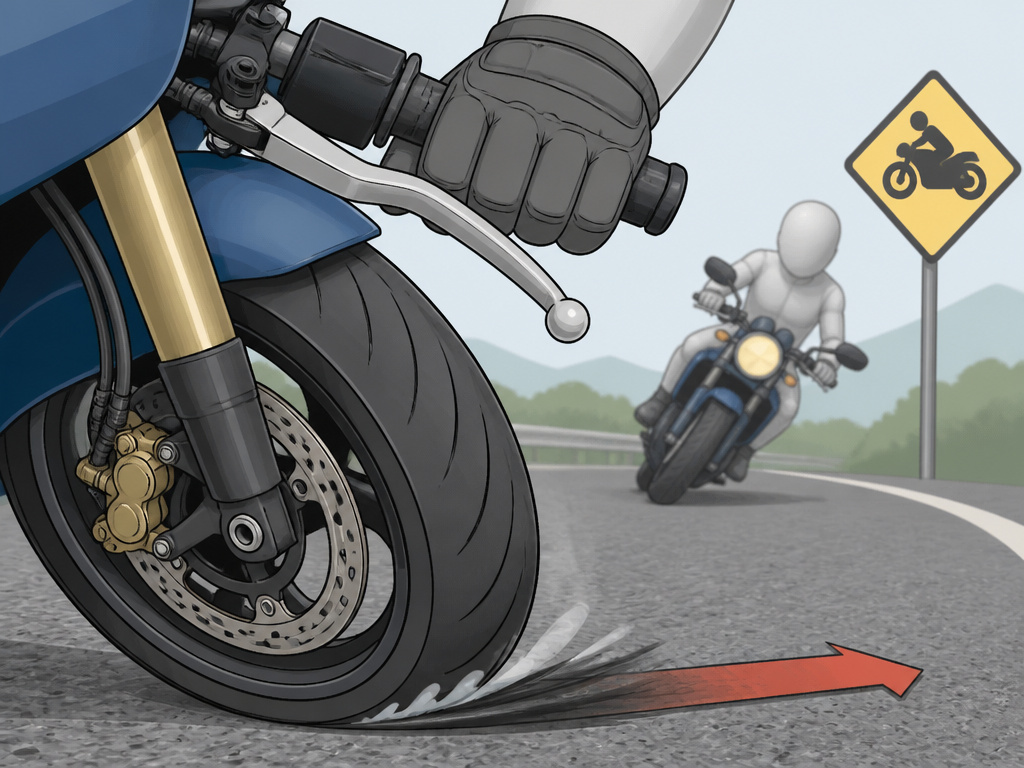 Cartoon diagram of motorcycle skid control and road signs for permit test study.
