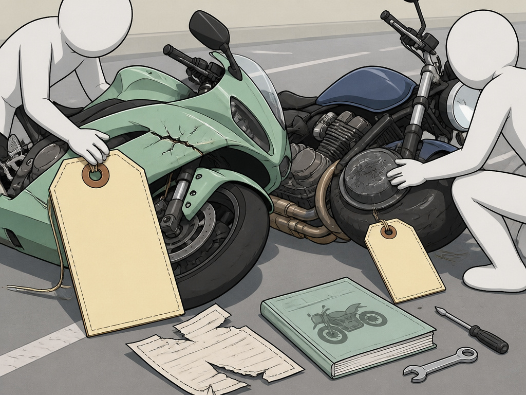 Cartoon comparing sport bike and naked bike damage costs and insurance papers.