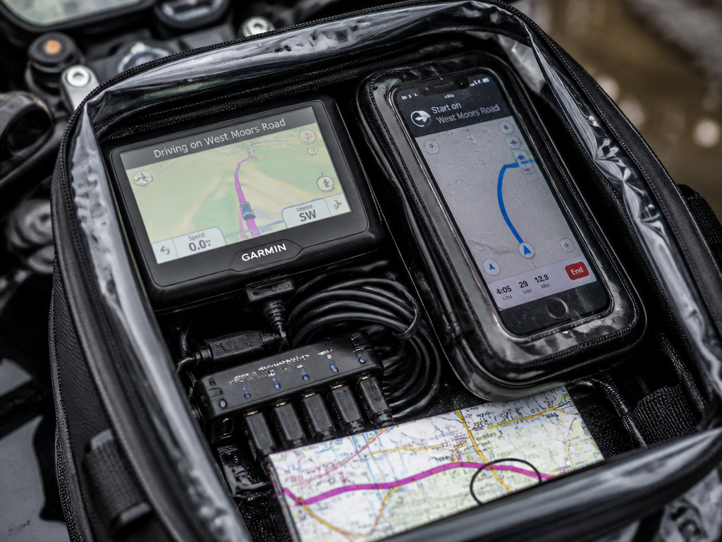 Motorcycle touring electronics packing with GPS, phone, cables, and paper map.