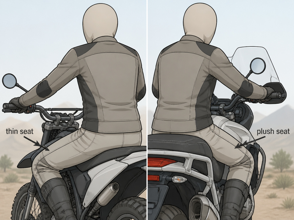Cartoon comparison of dual sport vs adventure motorcycle seat and handlebar ergonomics.