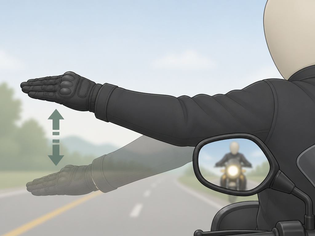 Motorcyclist using a slow down hand signal during a group ride.