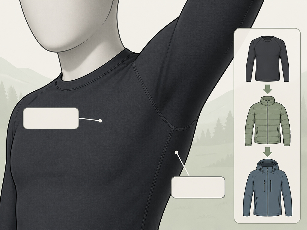Motorcycle base layer fit diagram and three-step layering system for riders.