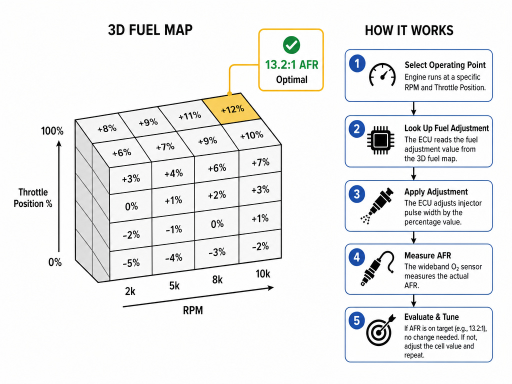 Motorcycle fuel controller tuning map diagram with RPM and throttle position axes.