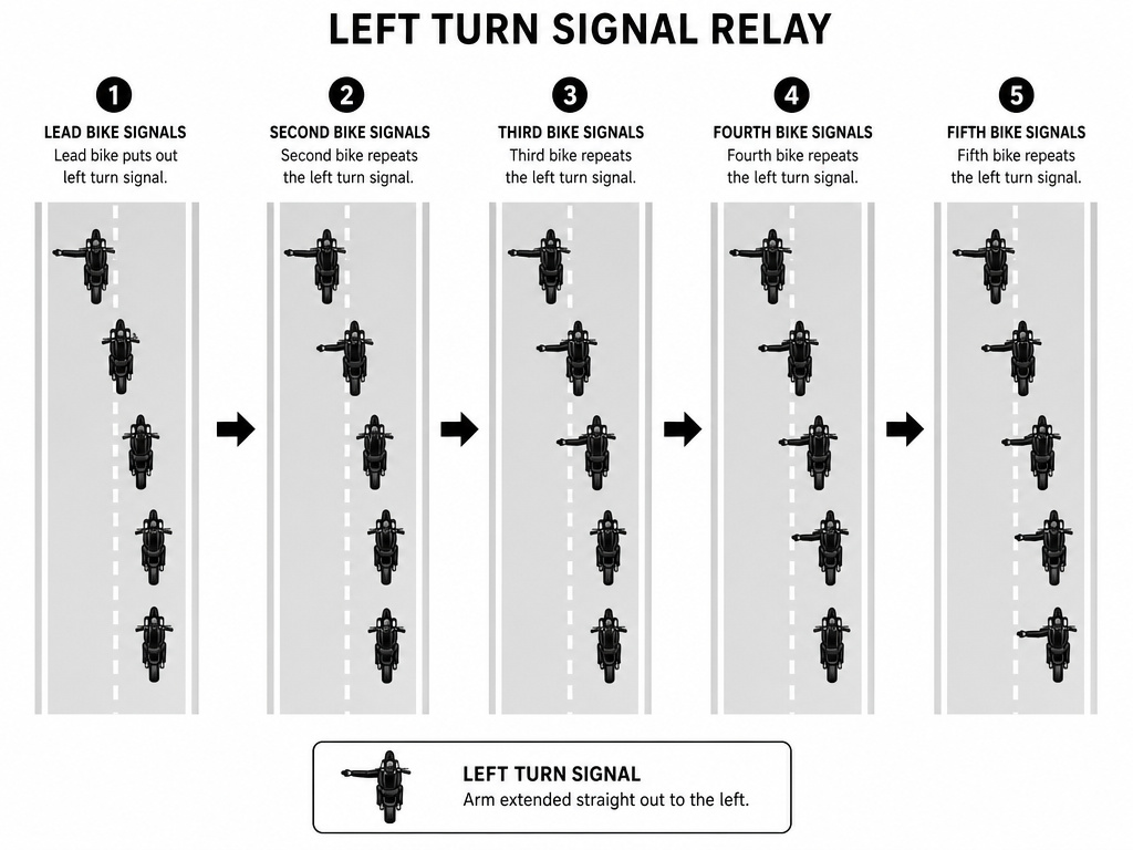 Diagram of motorcycle group ride hand signal relay sequence from lead to sweep.