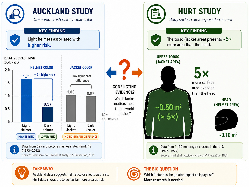 Research disagreement on motorcycle helmet color versus jacket color for visibility