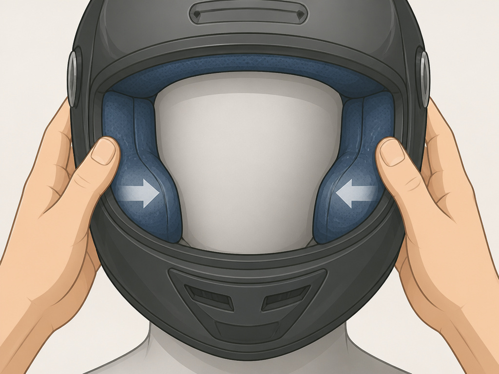 Close-up of a motorcycle helmet being adjusted for a proper, snug initial fit.