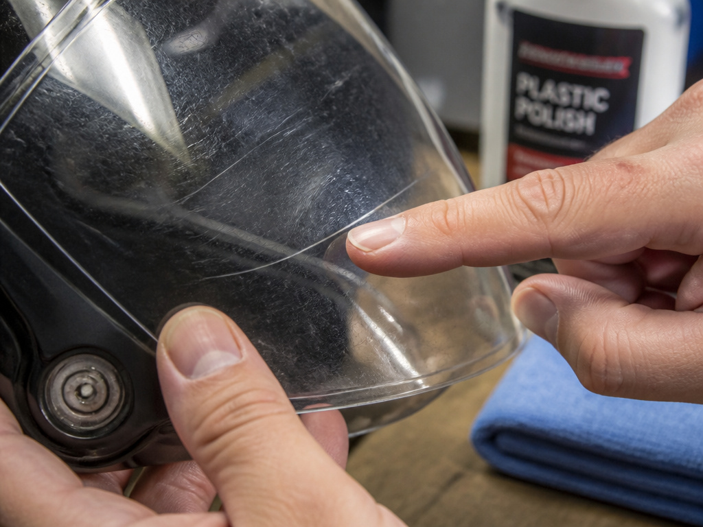 Performing the fingernail scratch test on a motorcycle helmet visor.
