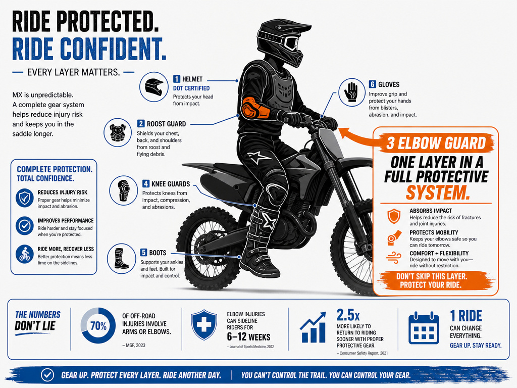 Infographic showing how elbow guards integrate with full dirt bike protective gear system.