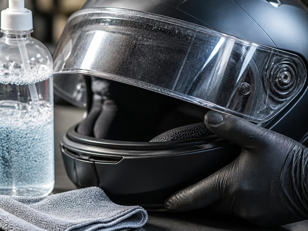 Close-up of a motorcycle helmet visor showing wear and proper cleaning supplies.