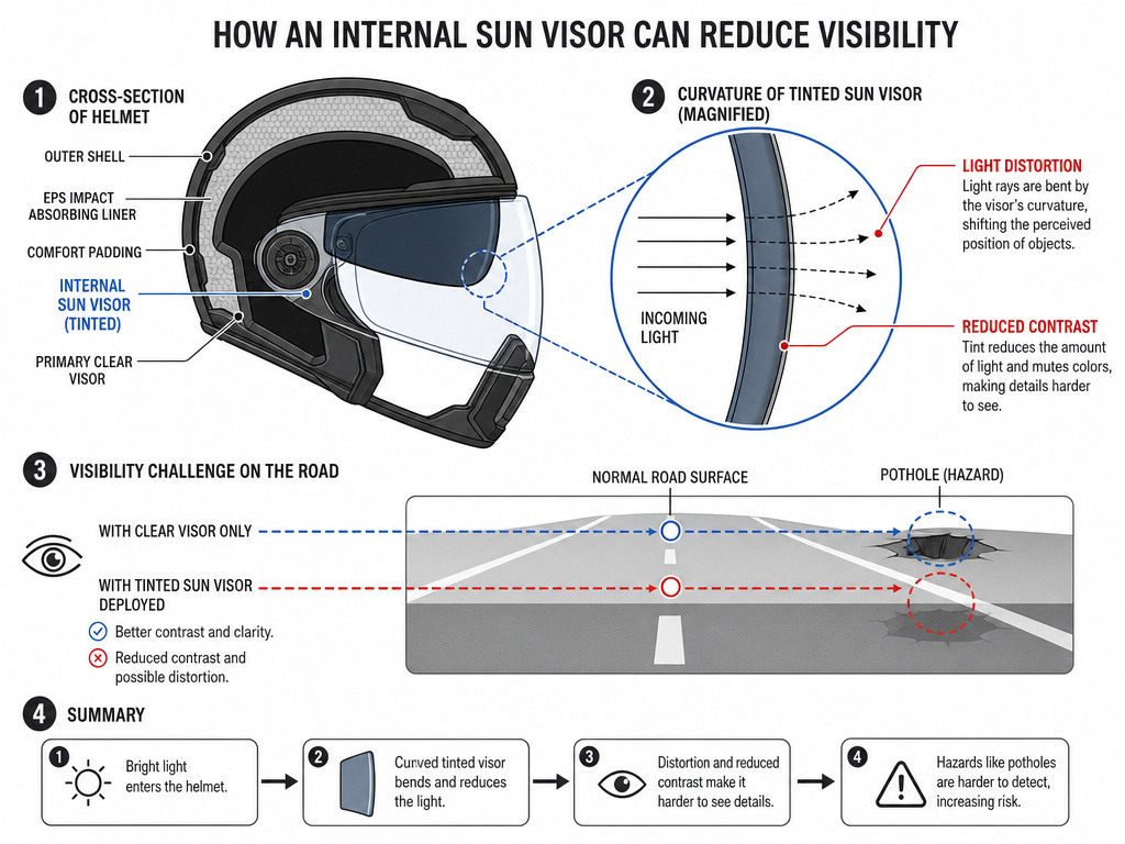 Diagram of internal sun visor optics showing distortion and contrast sensitivity.