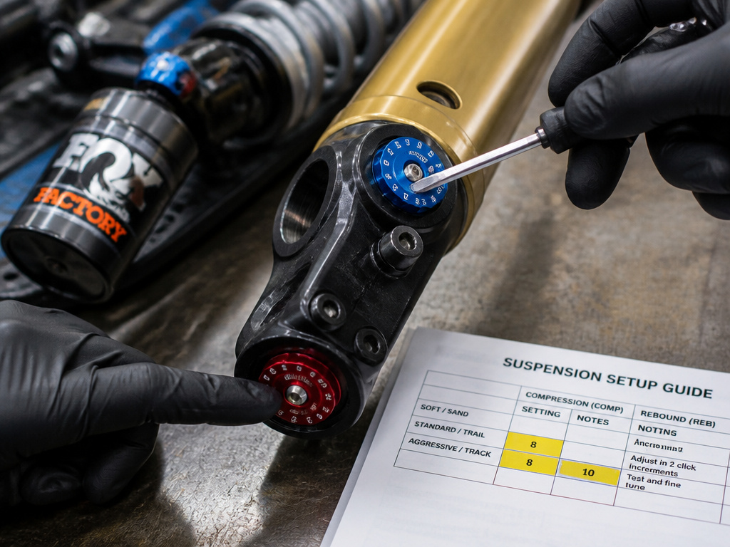 Close-up of adjusting motorcycle suspension damping clickers with a screwdriver.