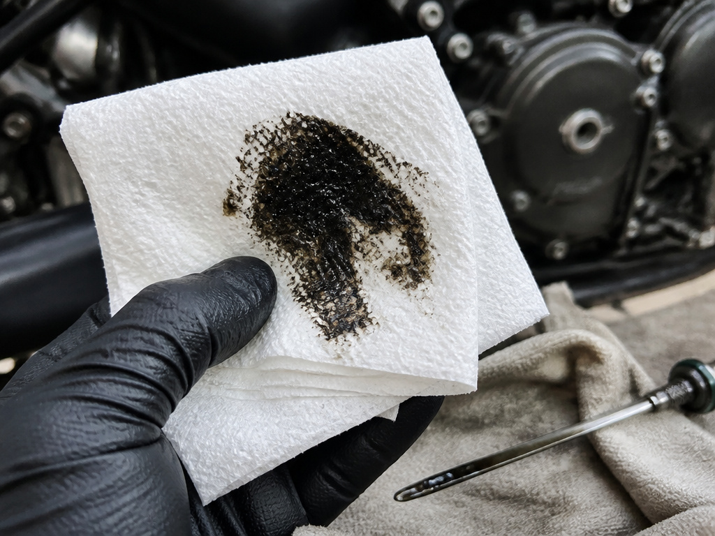 Close-up checking used motorcycle oil color and grit on a white paper towel.