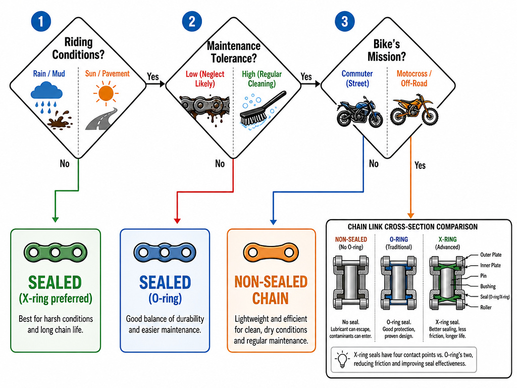 Flowchart for choosing between O-ring, X-ring, and non-sealed motorcycle chains.
