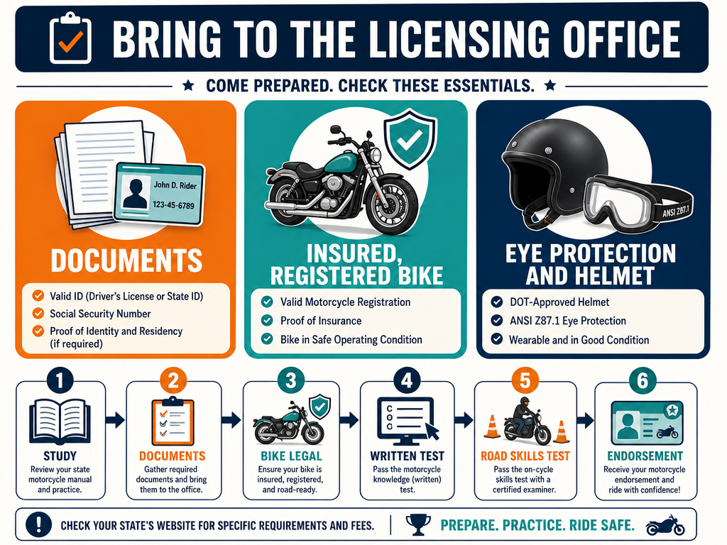 Checklist of documents, insured motorcycle, and eye protection for Oklahoma motorcycle license