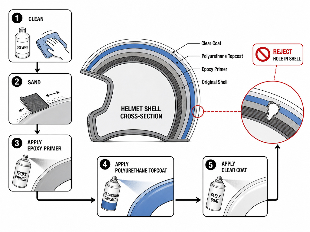 Step-by-step diagram for painting a motorcycle helmet from cleaning to final inspection.