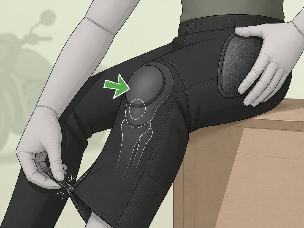 Rider checking knee armor placement and zipper strain on motorcycle overpants