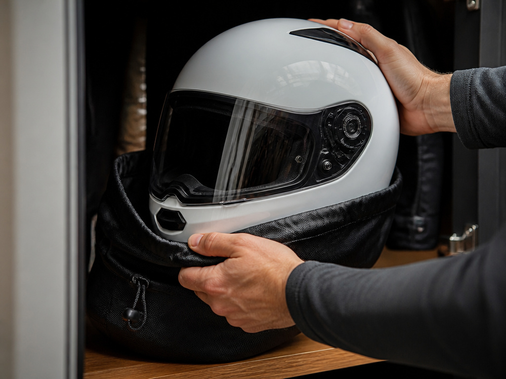 Properly storing a clean motorcycle helmet in its bag on a closet shelf.