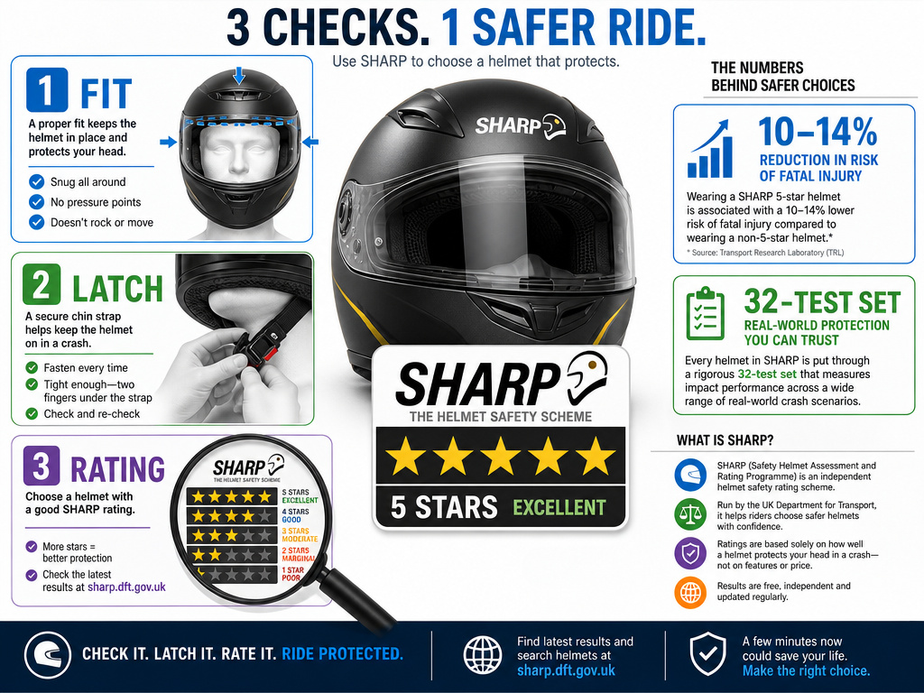 Infographic on using SHARP helmet ratings with fit and latch checks