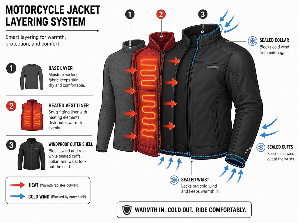 Cross-section diagram of heated vest integration in a motorcycle jacket layering system.