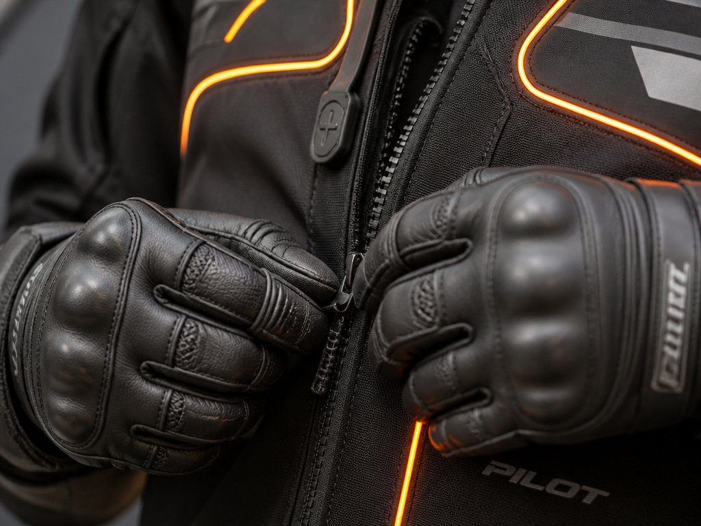 Motorcyclist's gloved hands zipping a lighted vest over a riding jacket