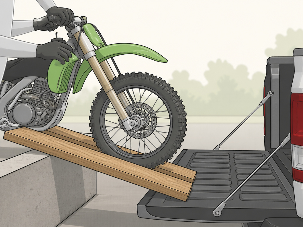 Using wooden planks as an improvised ramp to load a motorcycle into a truck.