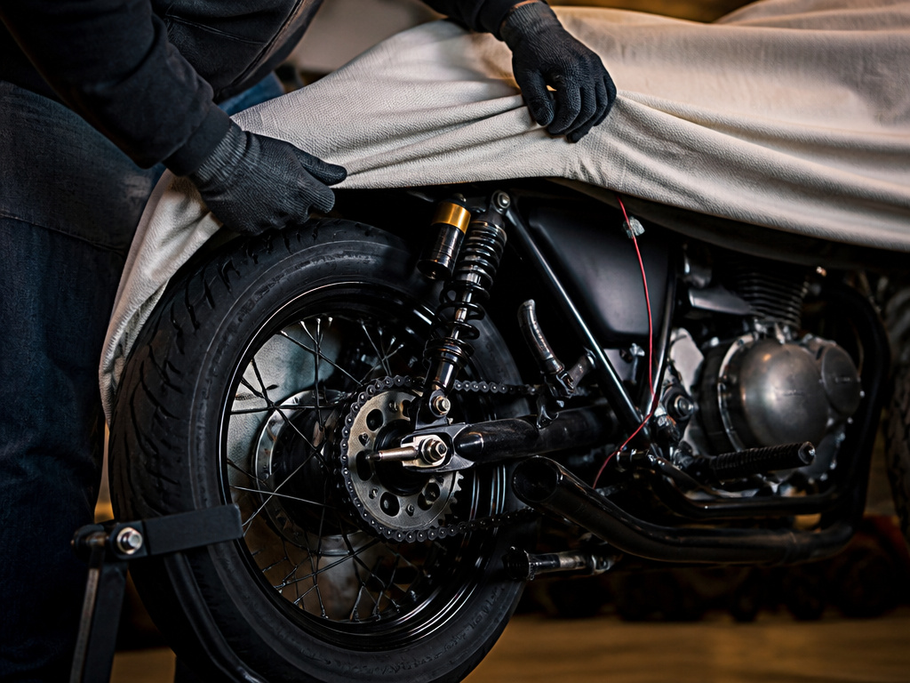 Motorcycle on a rear stand with a canvas cover in a home garage for long-term storage.