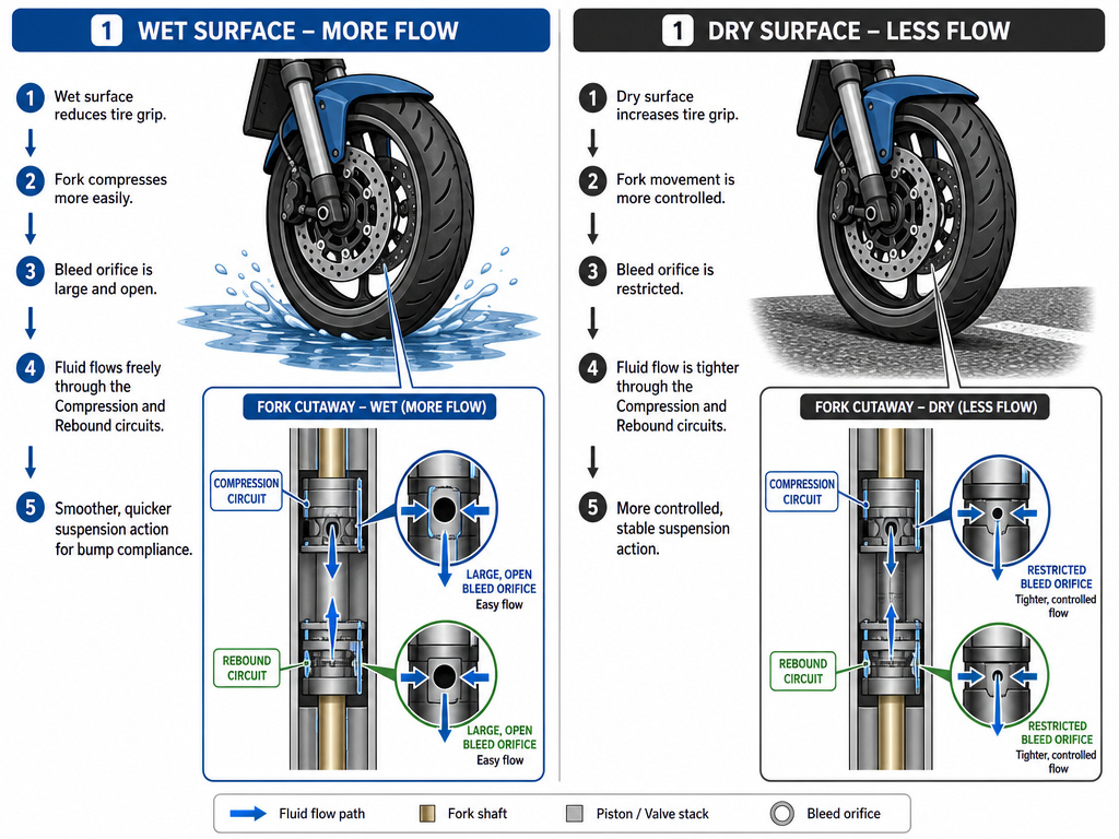 Motorcycle suspension damping diagram for low-grip wet and high-grip dry conditions.