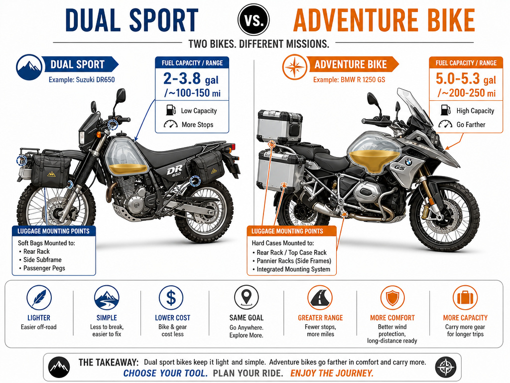 Dual sport vs adventure motorcycle luggage capacity and fuel range comparison infographic