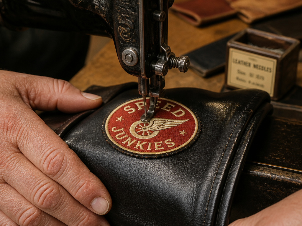 Sewing a patch onto a leather jacket sleeve using a patch machine