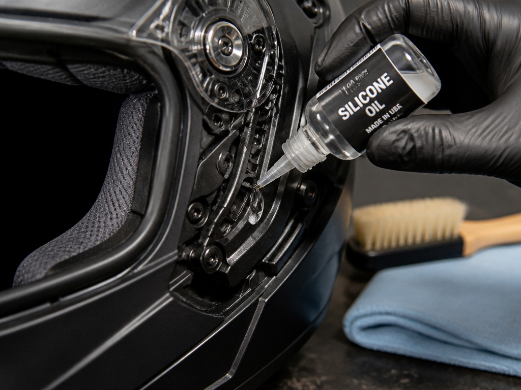 Close-up maintenance of a modular motorcycle helmet hinge and visor mechanism.