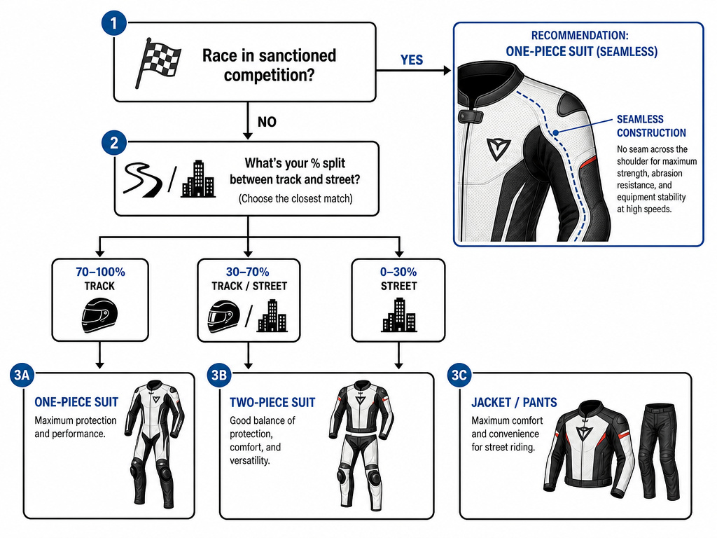 Decision tree flowchart for choosing a one-piece or two-piece motorcycle suit.