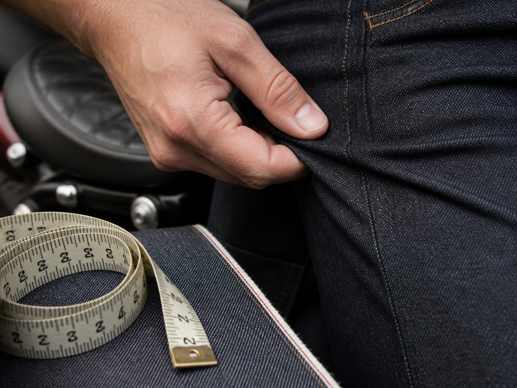 Close-up comparing fit and material of raw denim motorcycle pants for riding.
