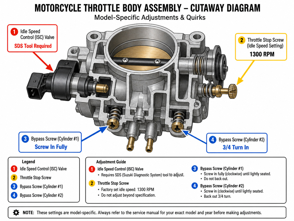 Motorcycle throttle body synchronization diagram highlighting model-specific adjustment points.