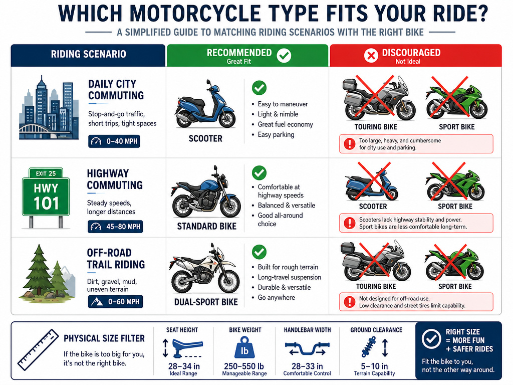Infographic comparing motorcycle types for commuting, touring, and off-road use.