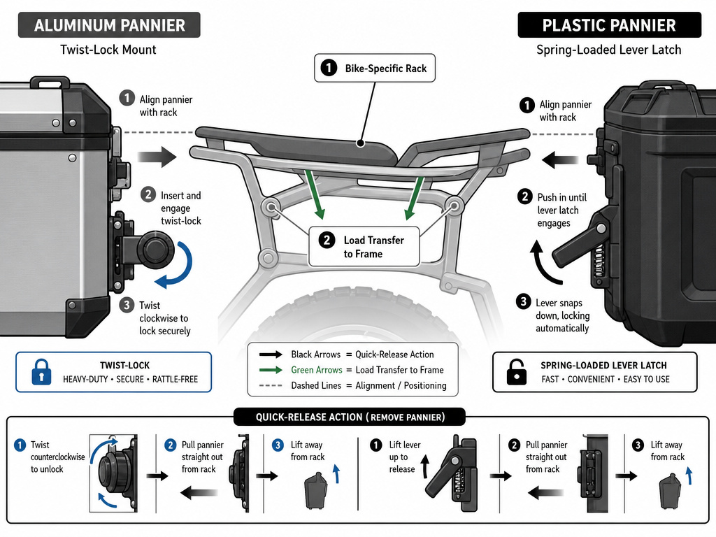 Comparison of aluminum vs plastic pannier mounting and locking mechanisms diagram.