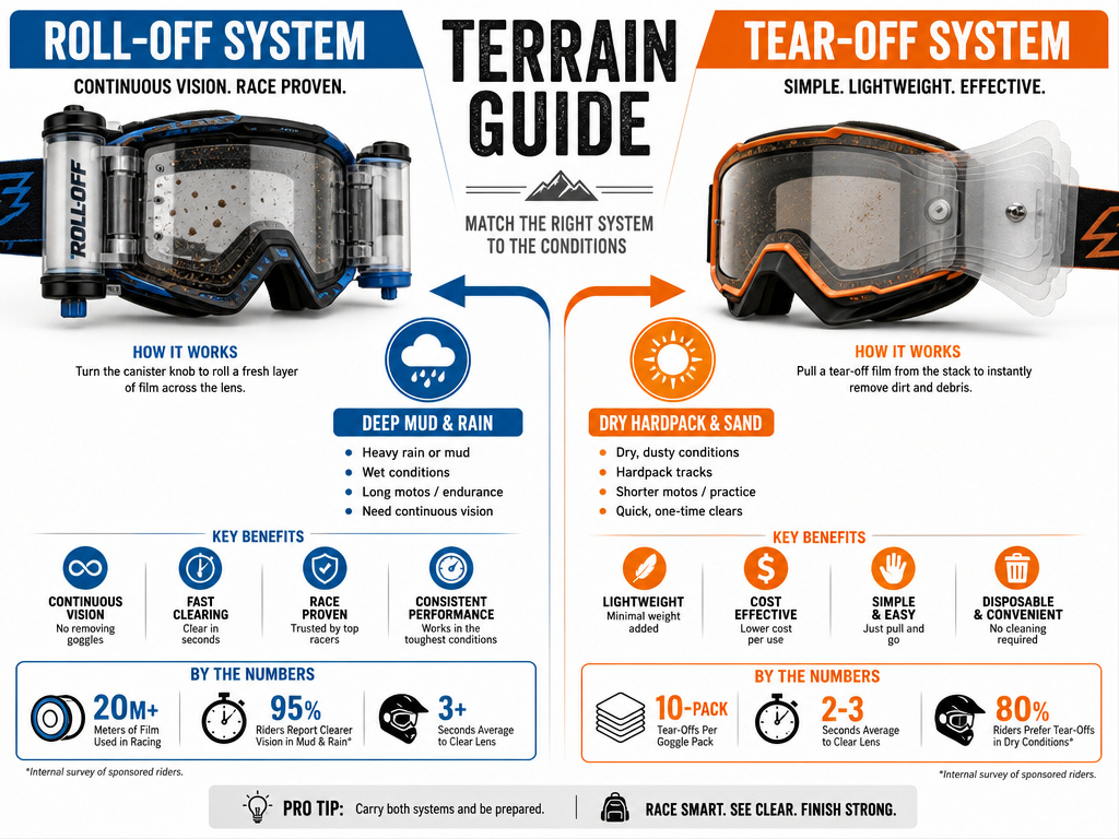 Roll-off vs tear-off goggle comparison infographic for different motocross terrains