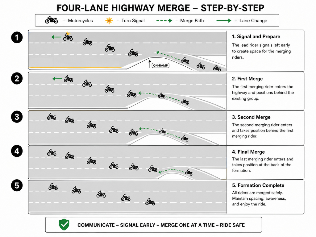 Motorcycle group merging onto highway in single-file formation diagram.